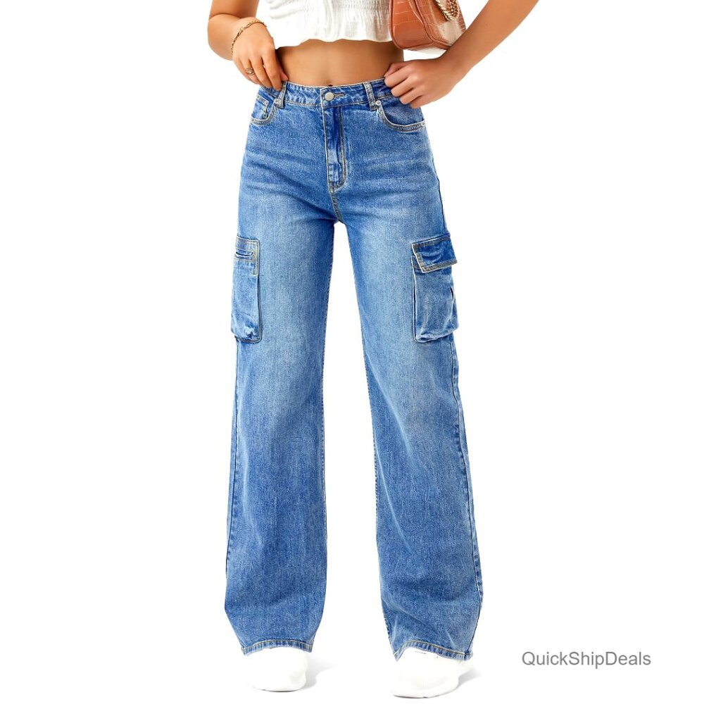 High Waisted Cargo Jeans Wide Leg Baggy Pants 6 Pockets Stretch Denim